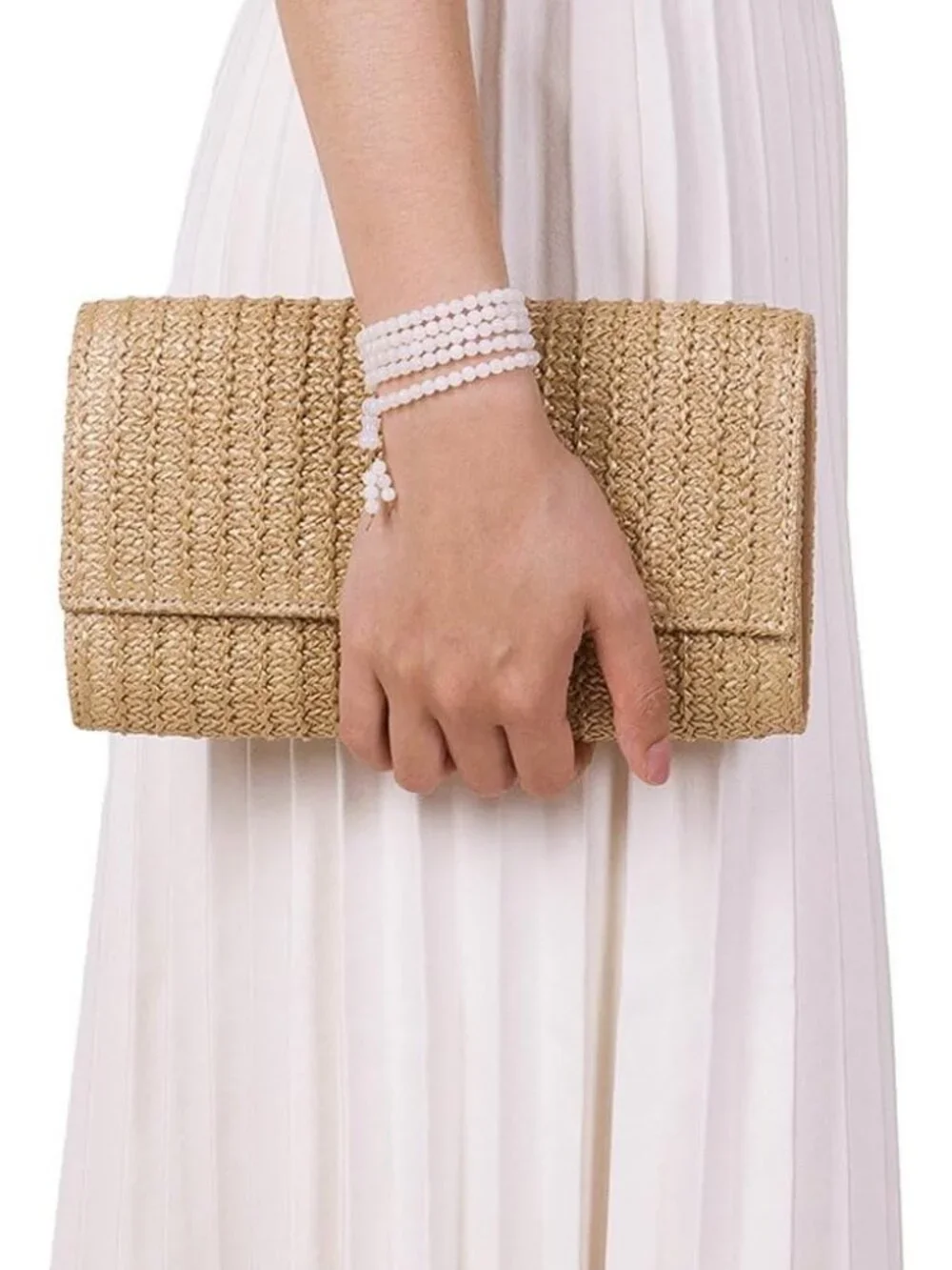 Women’s Khaki3 Straw Woven Clutch Purse Crossbody Evening Wedding Handbag